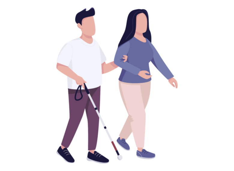 Cartoon image of young man with short hair in white t-shirt and brown jeans with stick walking linking arm with woman with long dark hair wearing blue top and pink trousers