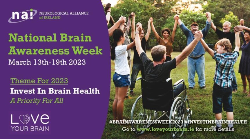 Brain Awareness Week flyer with information on the week and photo of people outdoors on grass in a circle with raised joined hands, including a wheelchair user.