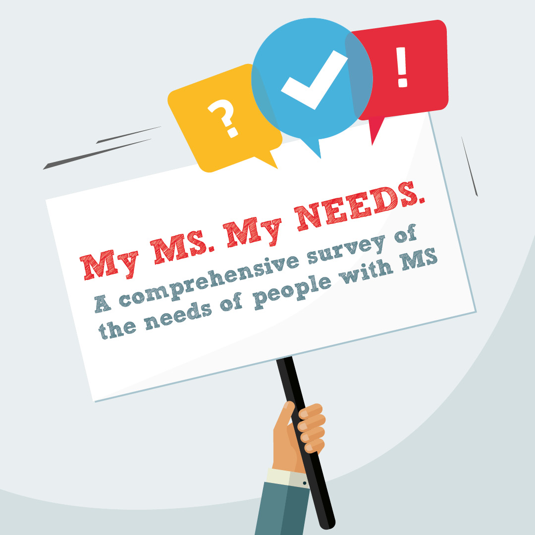 Image of arm holding sign that says My MS My Needs: a comprehensive survey of the needs of people with MS.