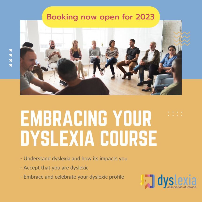 Embracing Your Dyslexia course poster with photo of group of people sitting in a circle.