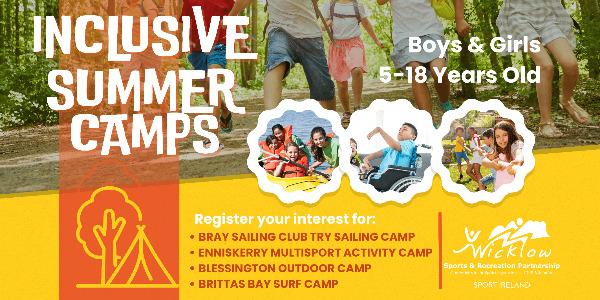 Poster with words Inclusive Summer Camps and round picture of teenagers doing sporting activities.