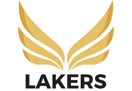 Lakers logo with golden coloured wings and the word LAKERS in black typeface underneath.