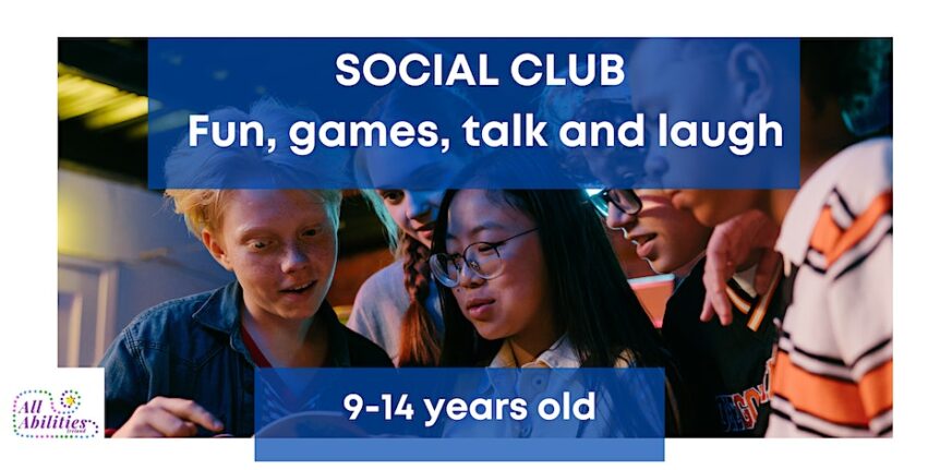 Words Social Club: fun, games, talk and laugh, 9-14 year-olds. Image of young boy and girl.