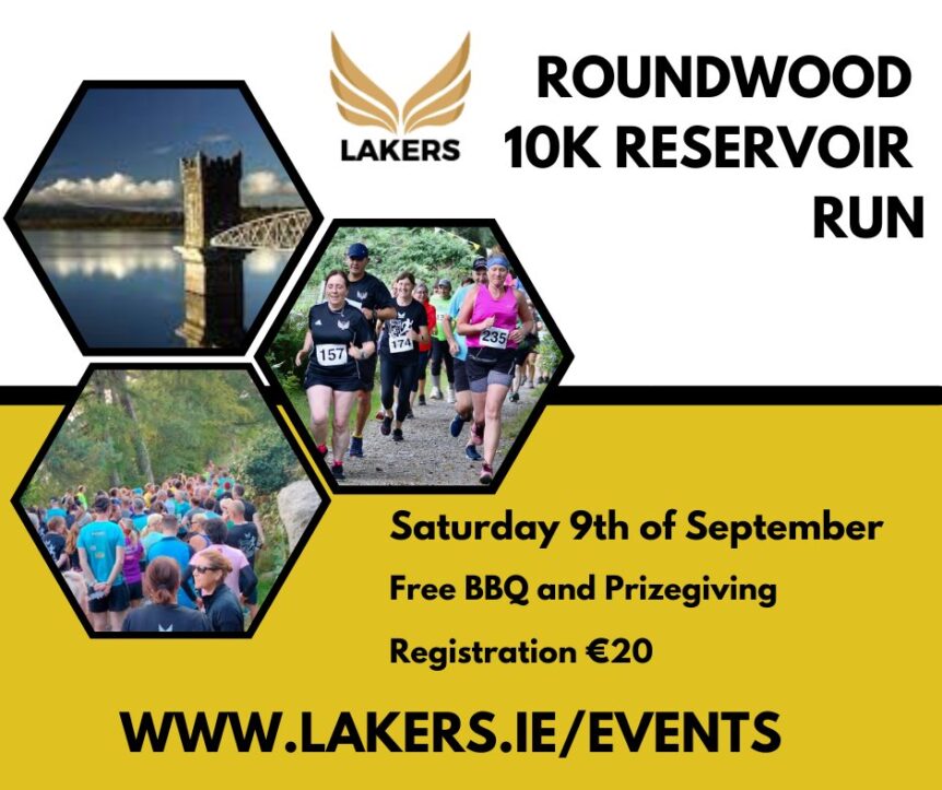 Poster with words Roundwood 10K Reservoir Run and images of previous runs.