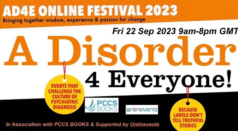 Poster with words AD4E online festival 2023, Friday 22 September 9am-8pm, A Disorder 4 Everyone!