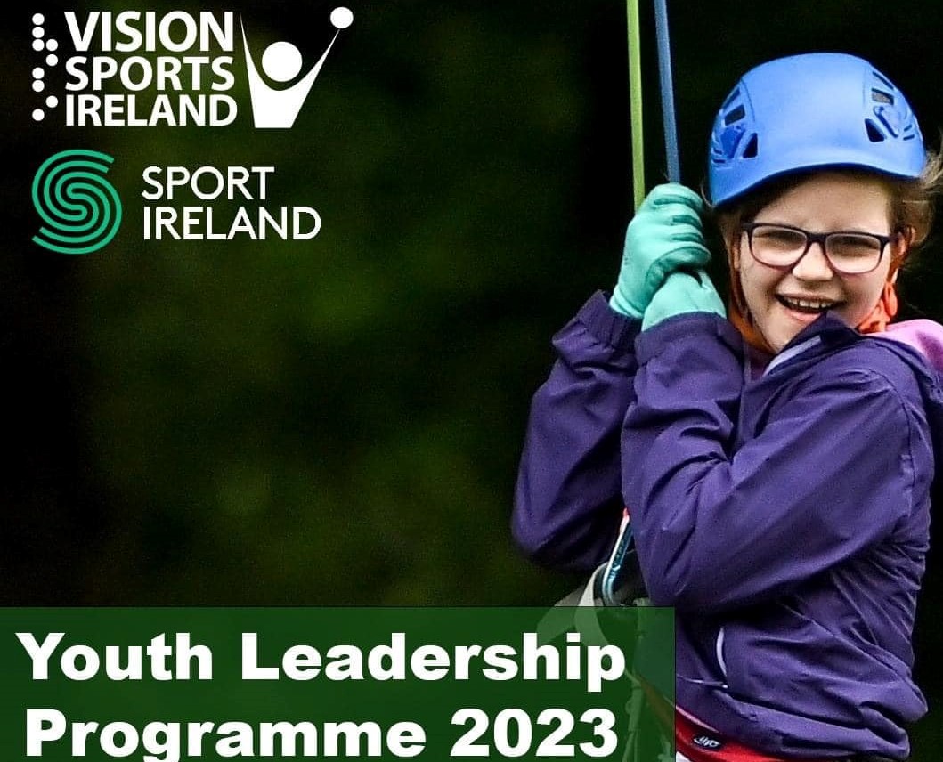 Photo of young woman with hard hat on rope climbing, with words Vision Sports Ireland Youth Leadership Programme 2023