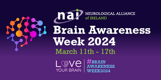 Purple background with image of human brain and words Brain Awareness Week 2024 March 11th-17th, with logos.